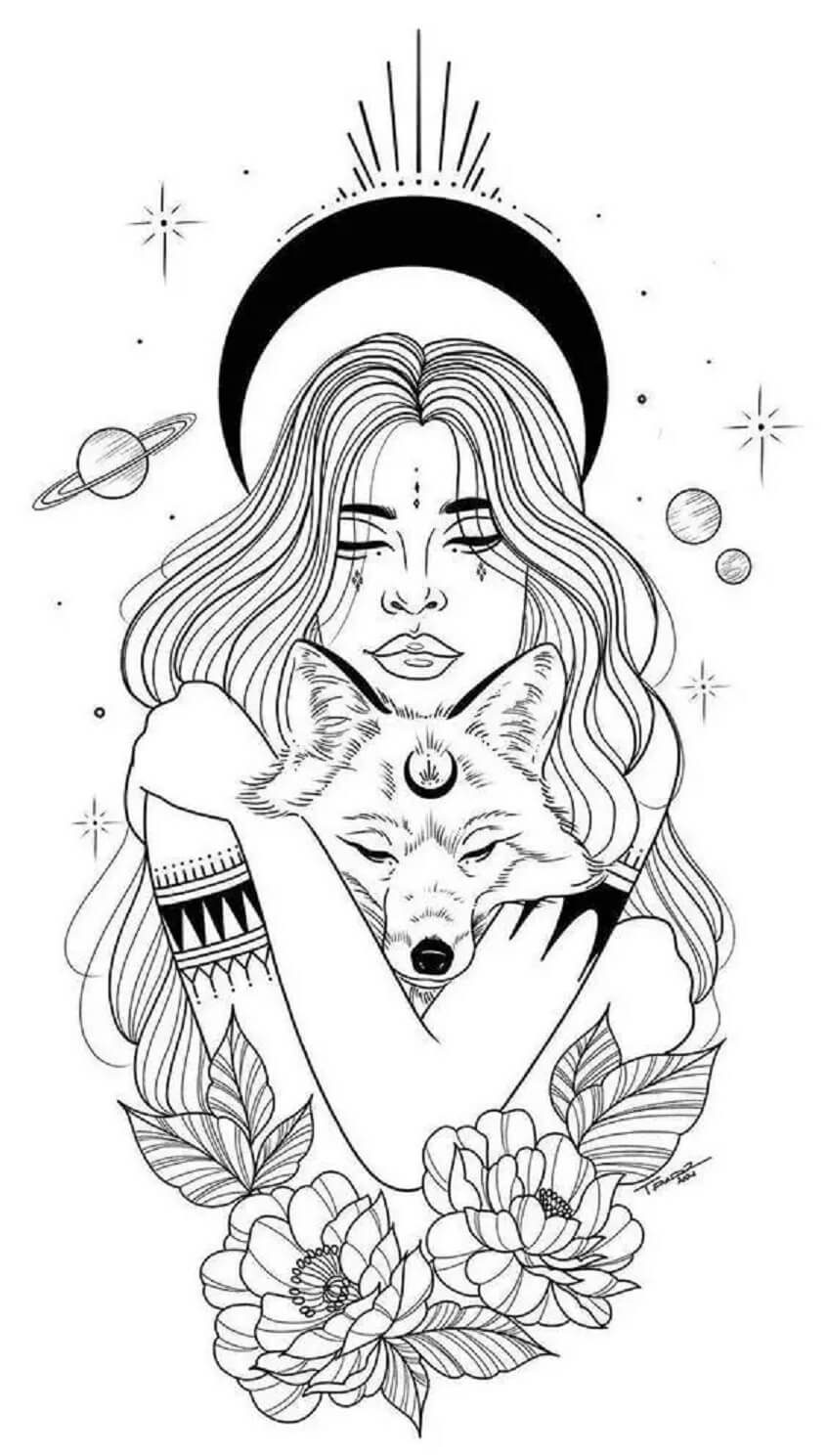 Mandala Girl Hugging Wolf Coloring Page Mandalas