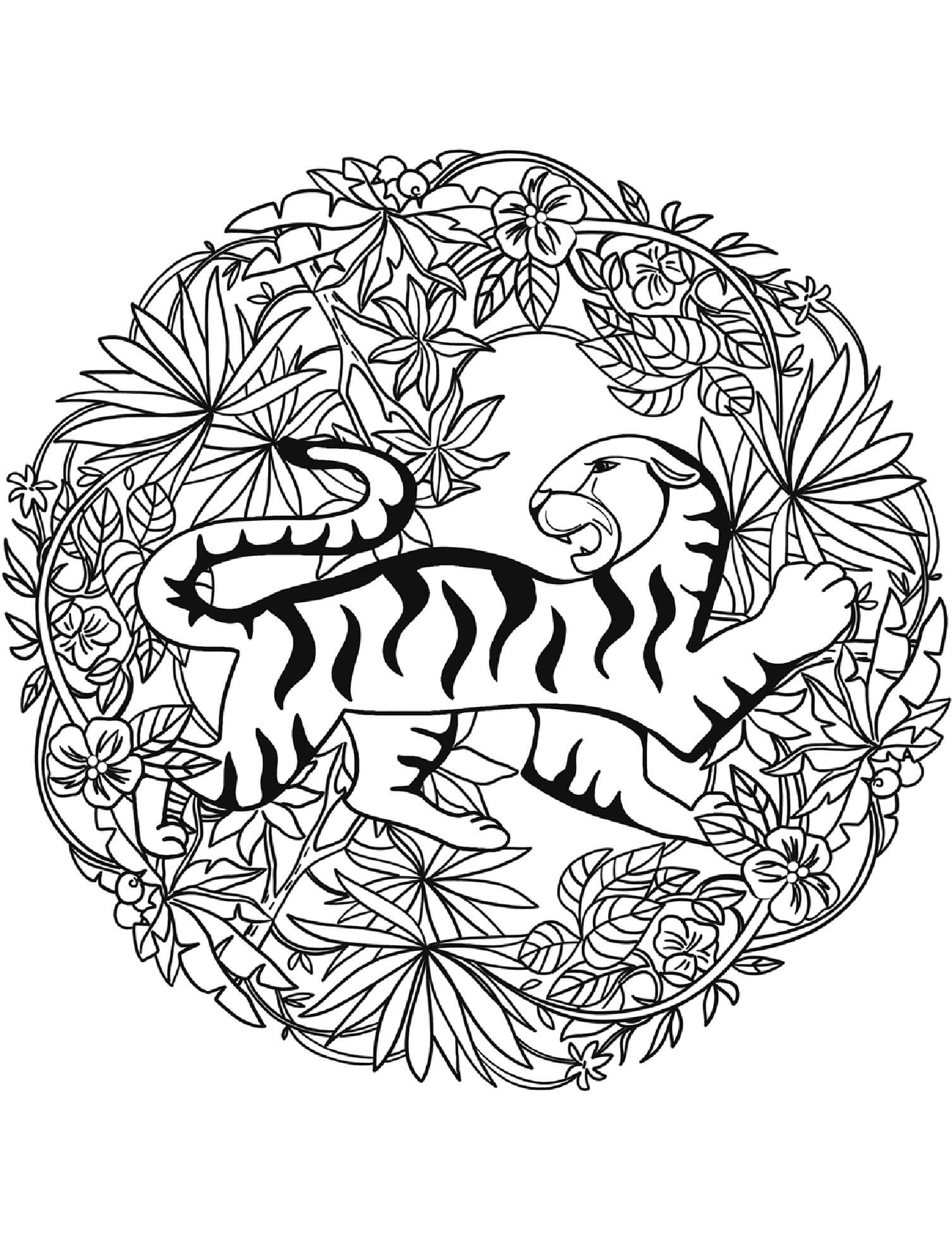 Mandala Tiger With Leaves Coloring Page Mandala