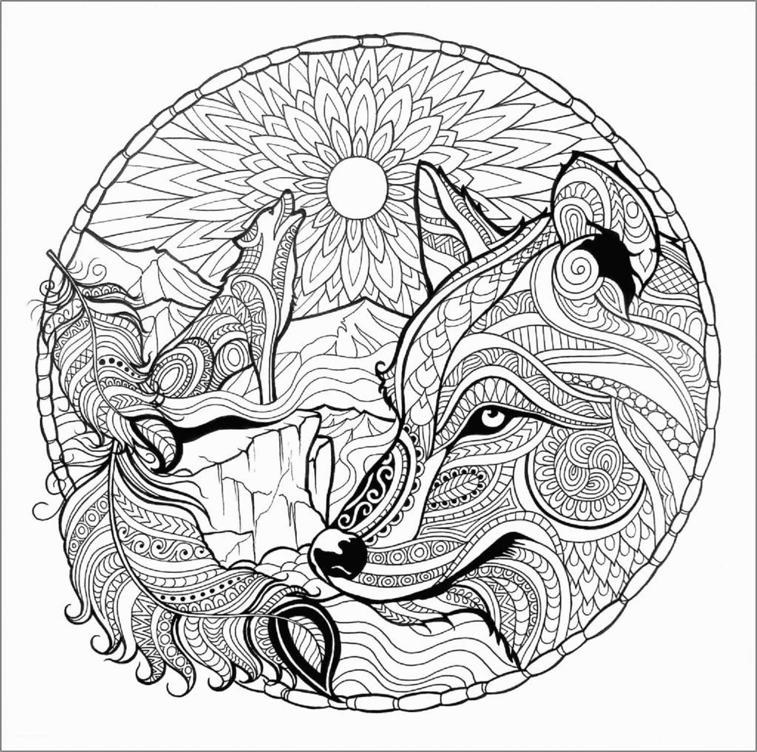 Mandala Two Wolves Coloring Page Mandala