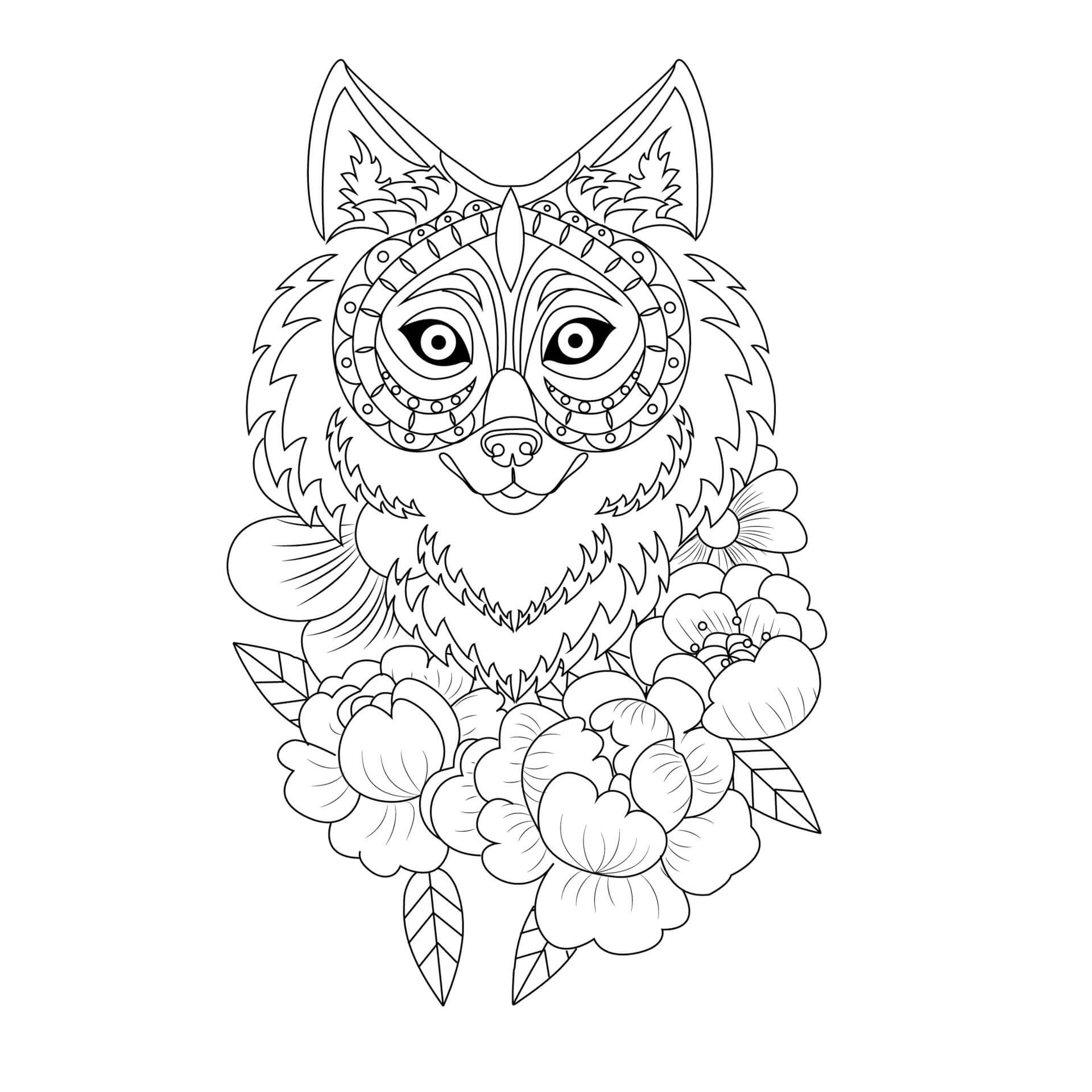 Mandala Wolf With Flowers Coloring Page Mandalas