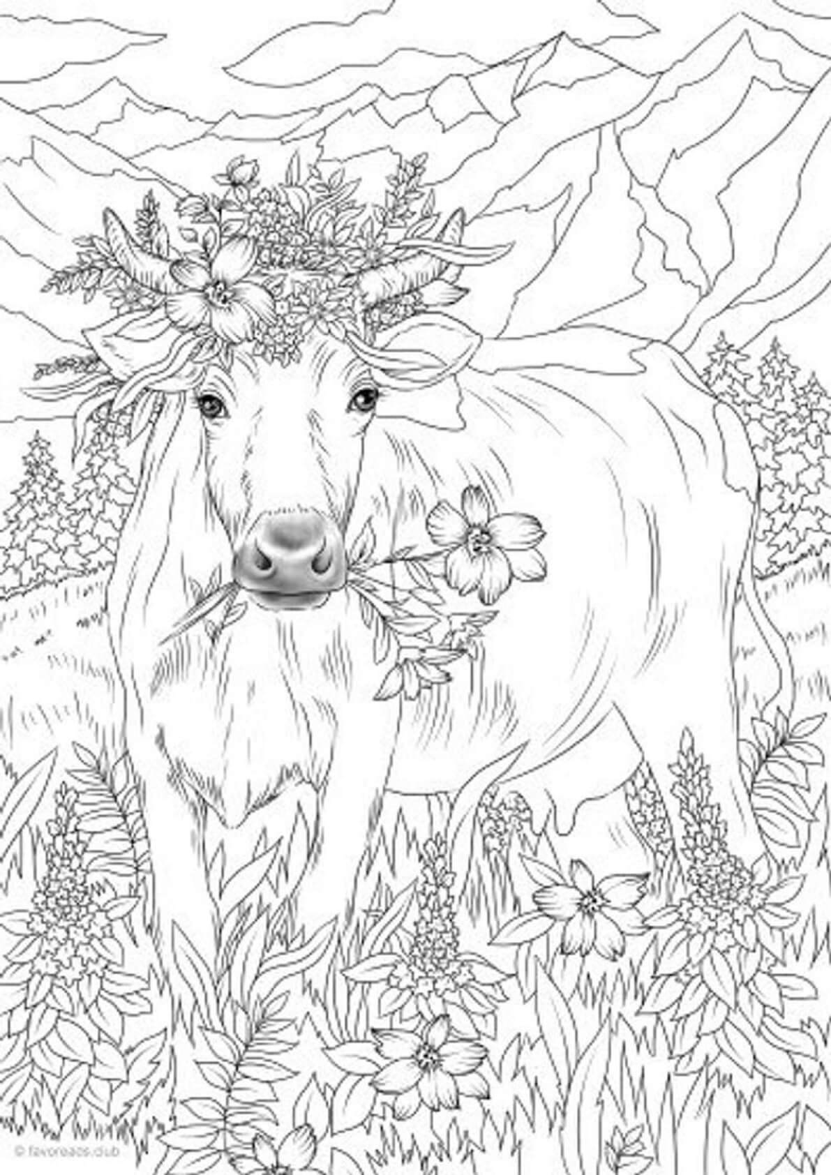 Mandala Cow With Flowers and Leaves Coloring Page Mandalas