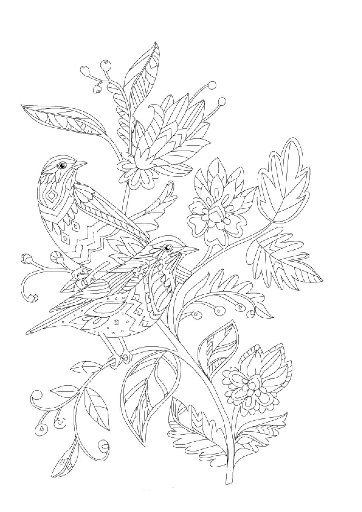 Mandala Two Birds on Branch Tree With Butterfly Coloring Page Mandalas