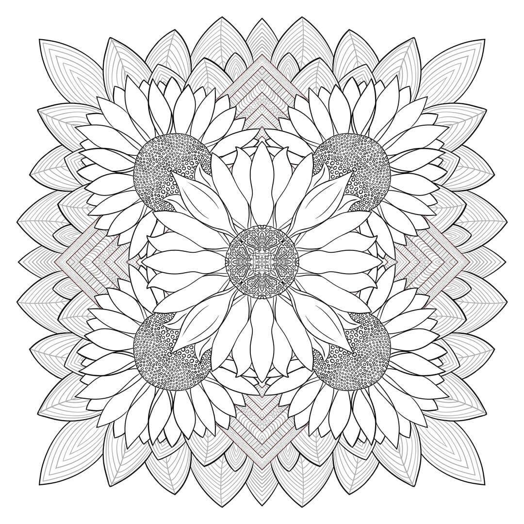 Mandala Five Sunflowers Coloring Page Mandalas