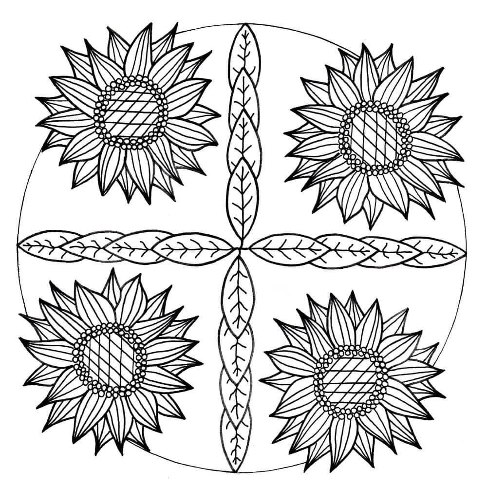 Mandala Four Sunflowers With Leaves Coloring Page Mandalas
