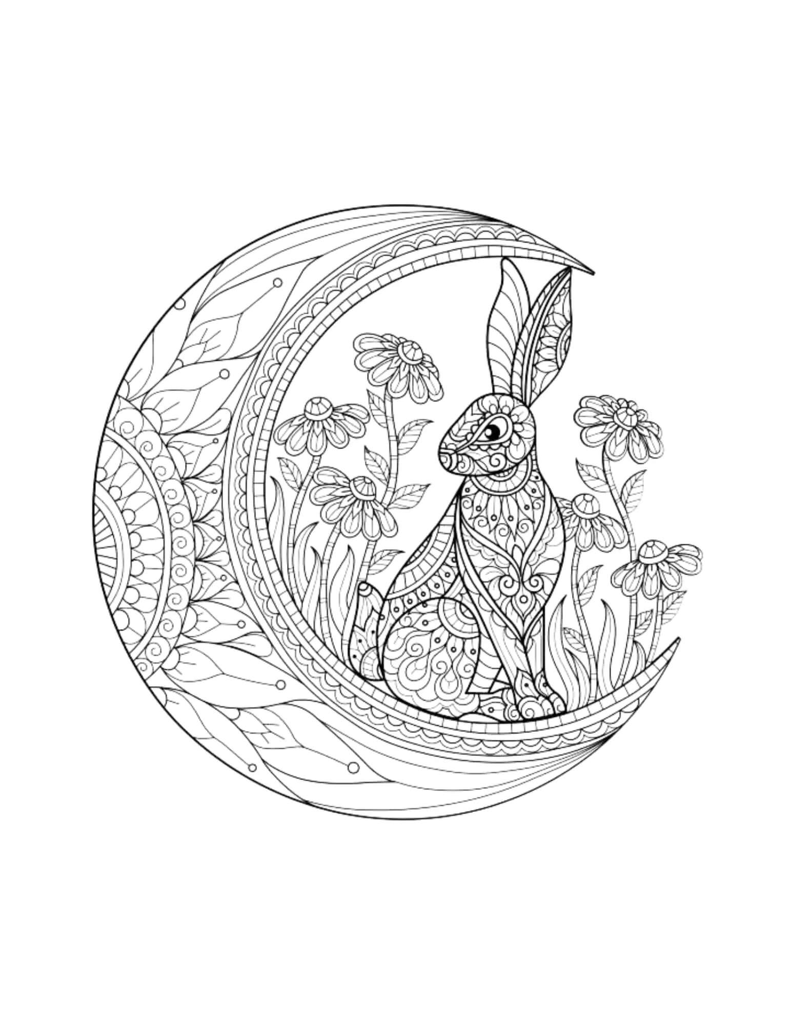 Mandala Rabbit on Moon Coloring Page Mandalas