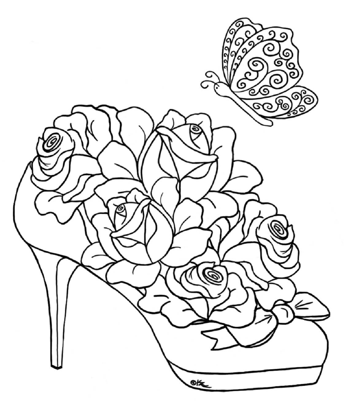 Mandala Roses in Shoe With Butterfly Coloring Page Mandalas