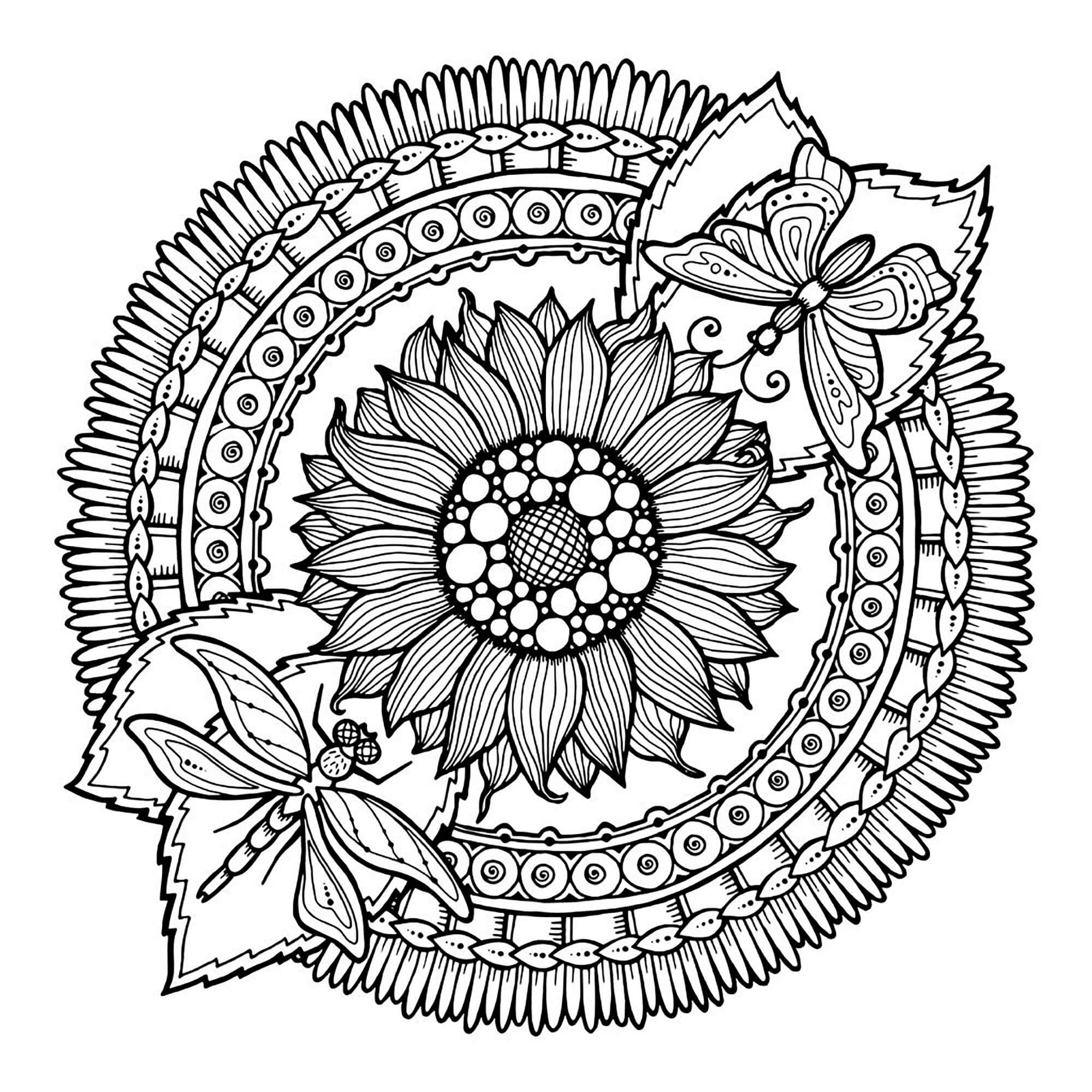 Mandala Two Butterflies And A Sunflower Coloring Page Mandalas