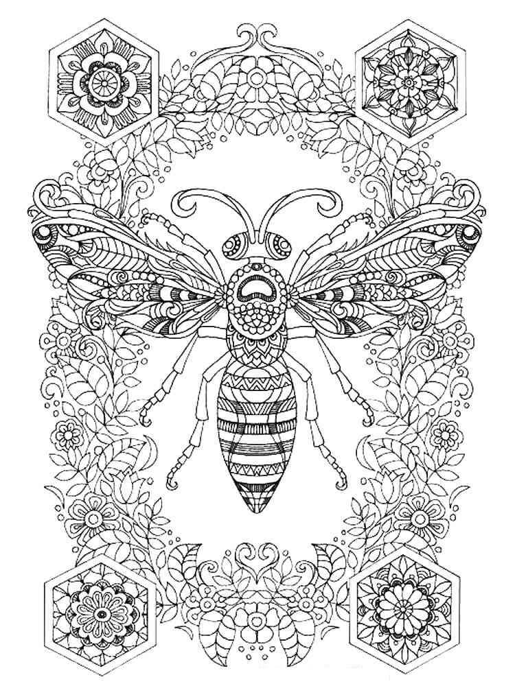 Mandala Bee with Flowers and Leaves Coloring Page Mandalas