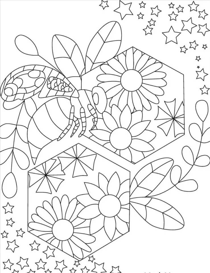 Mandala Bee with Flowers and Stars Coloring Page Mandalas