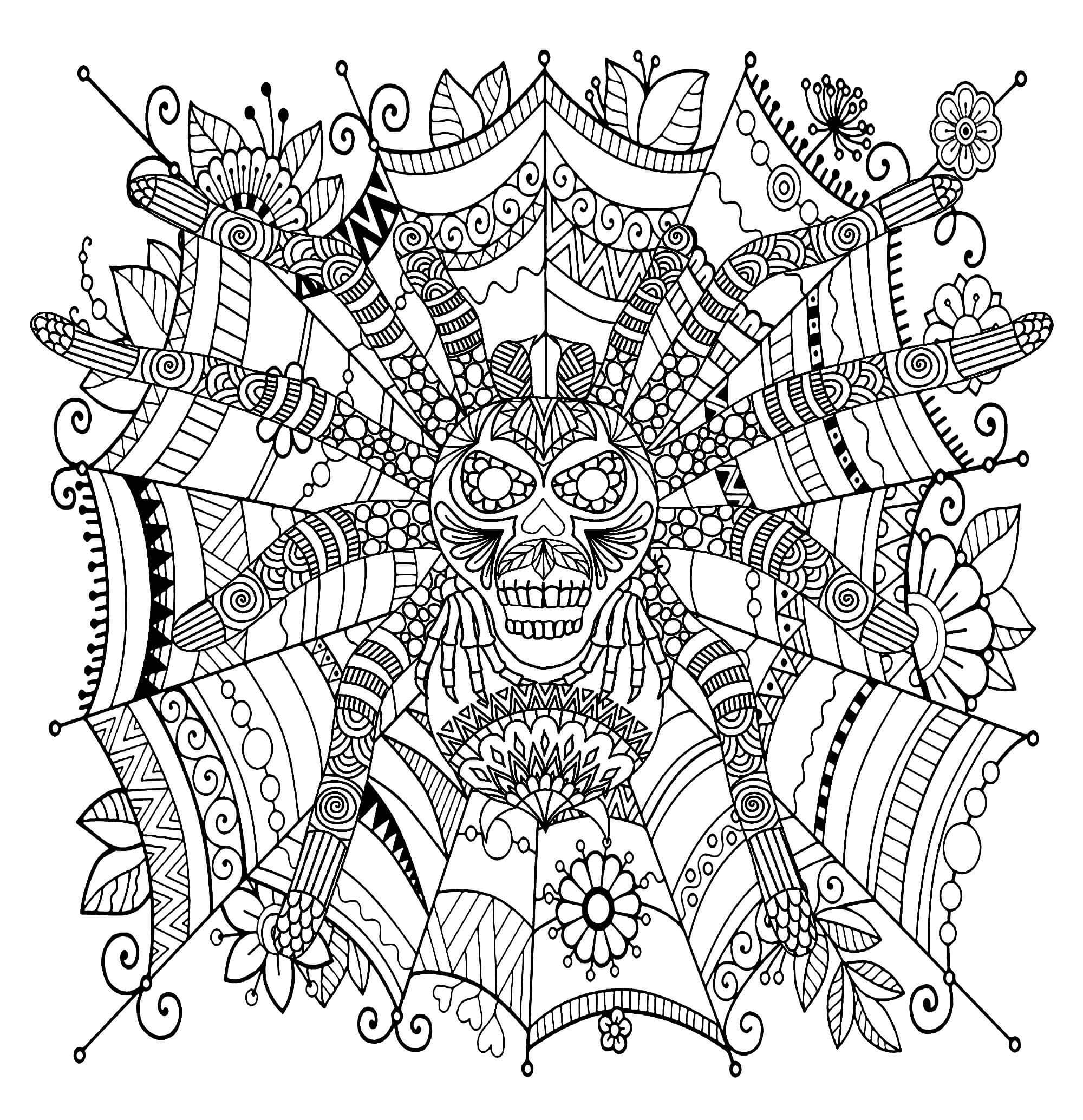 Mandala Big Spider With Flower and Leaves Coloring Page Mandalas