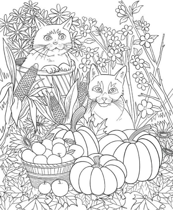 Mandala Cats with Fruits in Autumn Coloring Page Mandalas