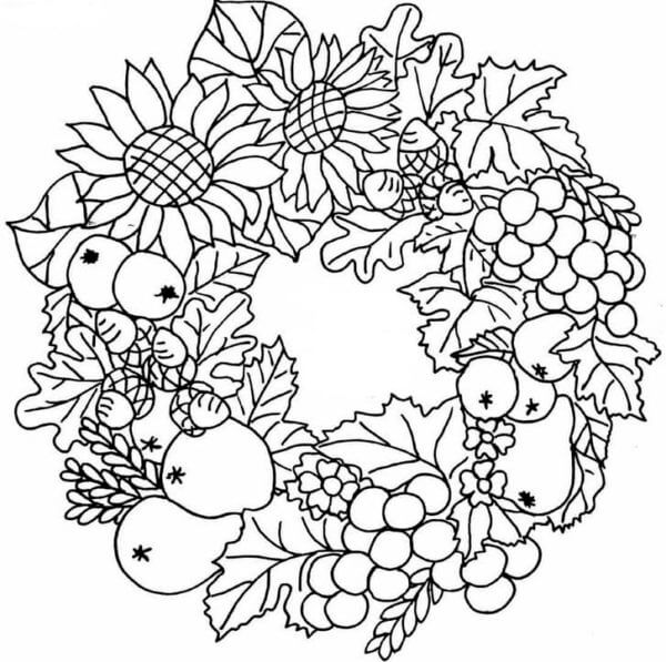 Mandala Elegant Wreath of Autumn Fruits Coloring Page Mandalas