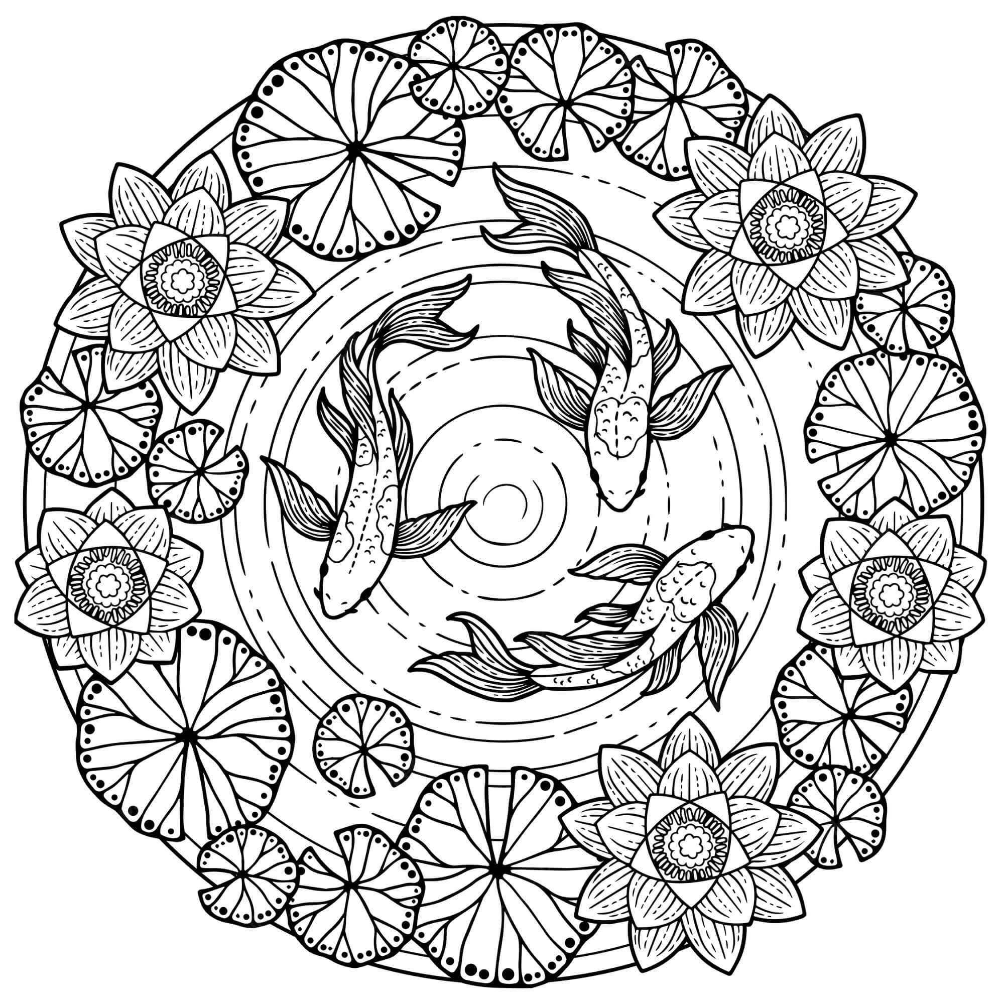 Mandala Flowers and Fishes in Summer Coloring Page Mandala