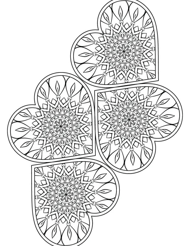 Mandala Four Hearts Coloring Page Mandalas