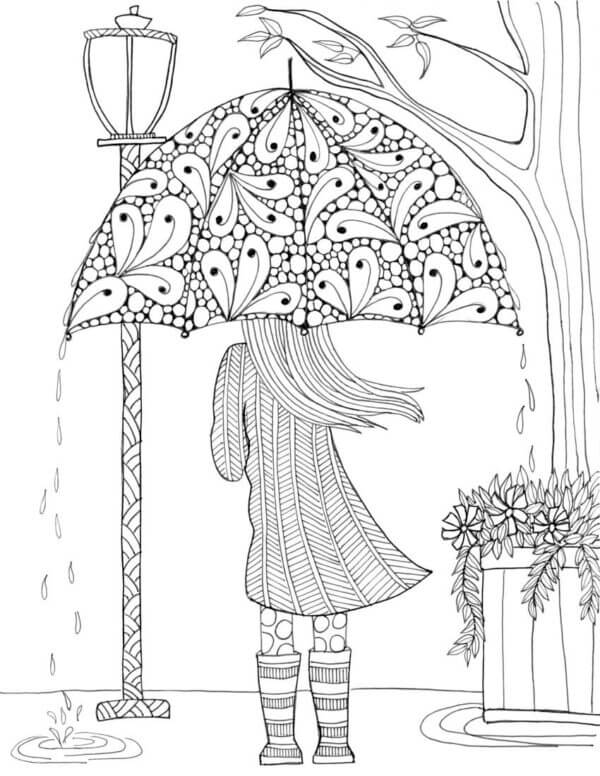 Mandala Girl Hides From Rain Under An Umbrella in Autumn Coloring Page Mandalas