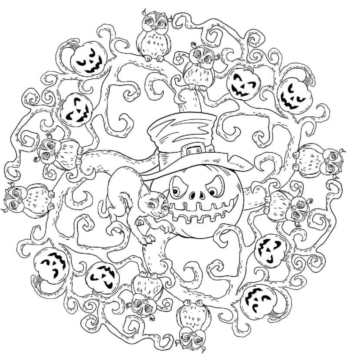 Mandala Halloween With Pumkins Coloring Page Mandalas