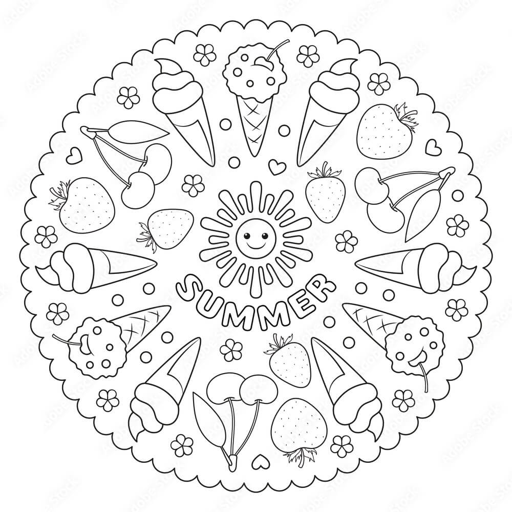 Mandala Ice Creams and Fruits in Summer Coloring Page Mandala