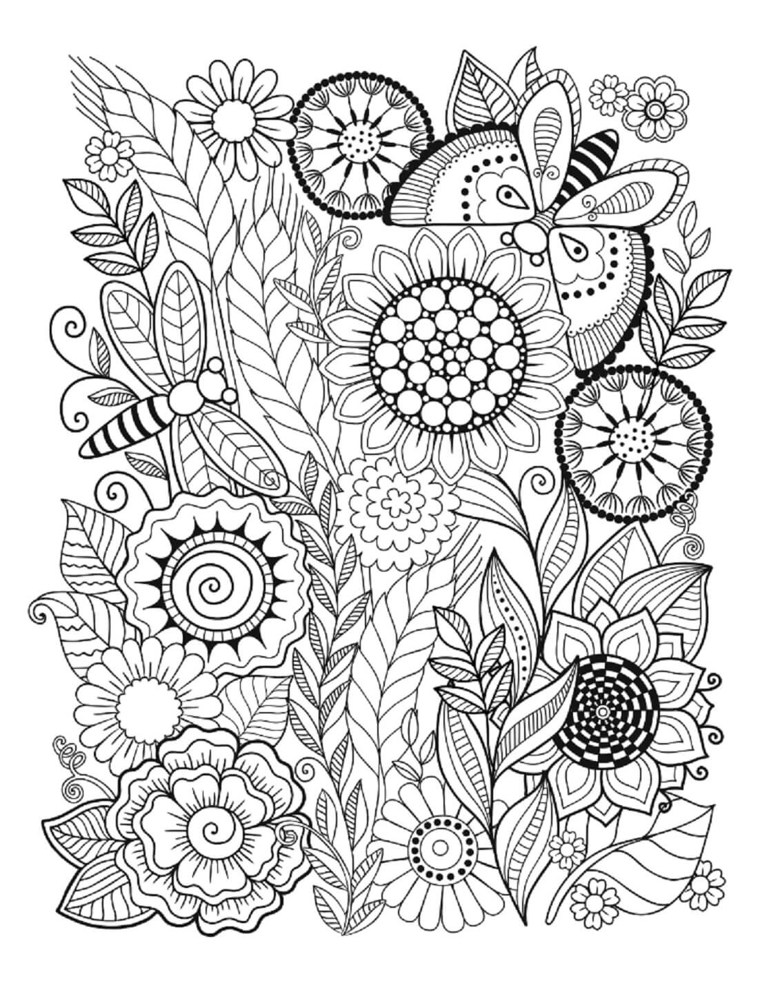 Mandala Insects with Flowers and Leaves in Summer Coloring Page Mandalas