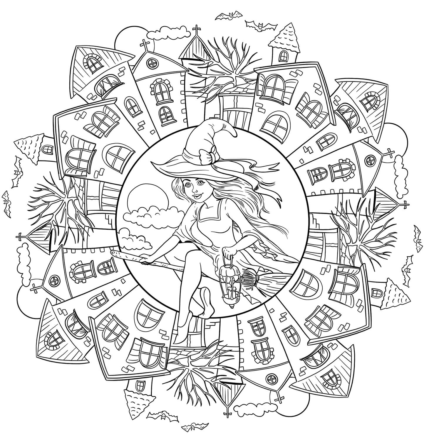Mandala Witch in the Village in Halloween Coloring Page Mandala