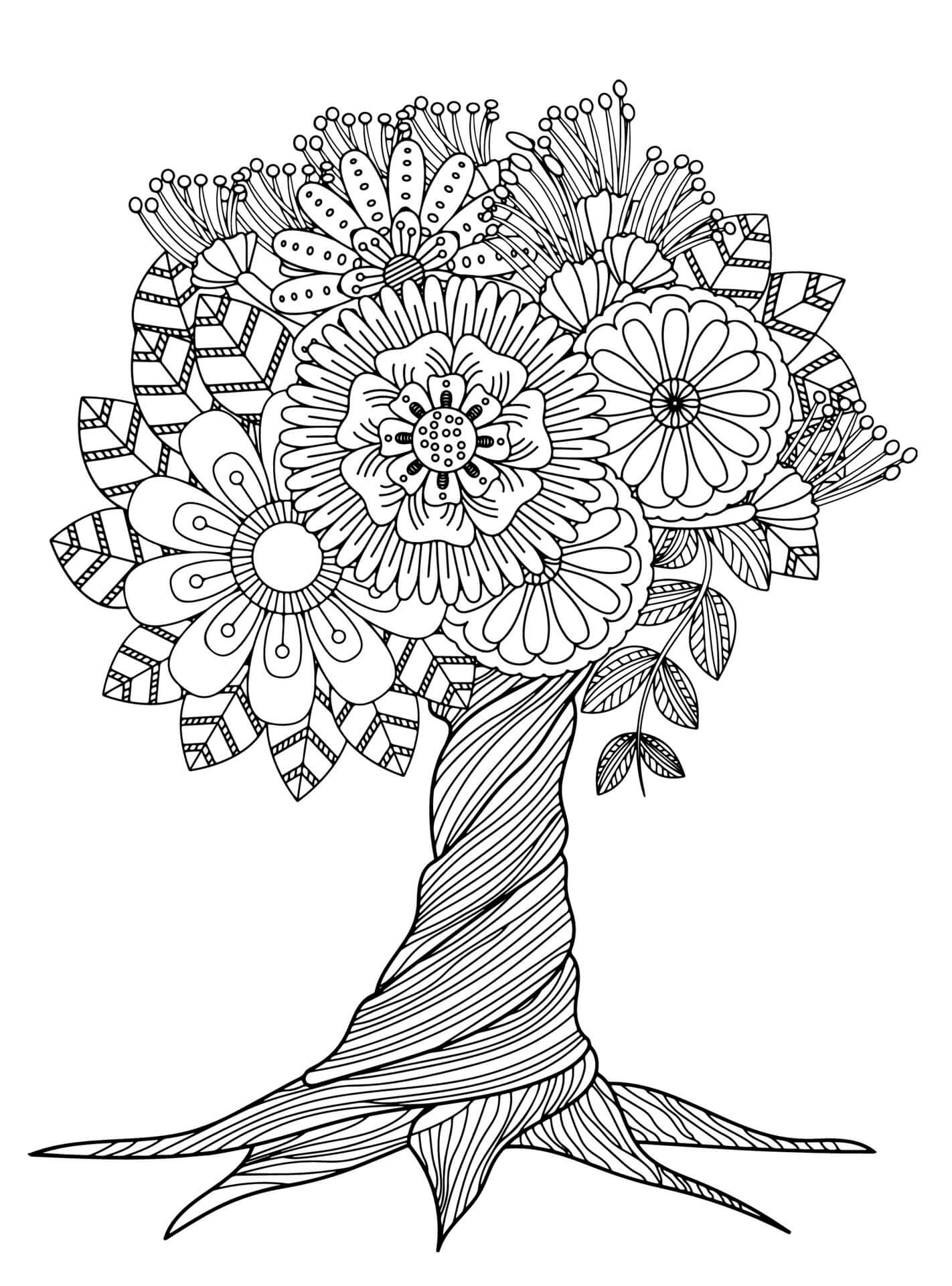 Mandala Beautiful Tree With Flowers Coloring Page Mandalas