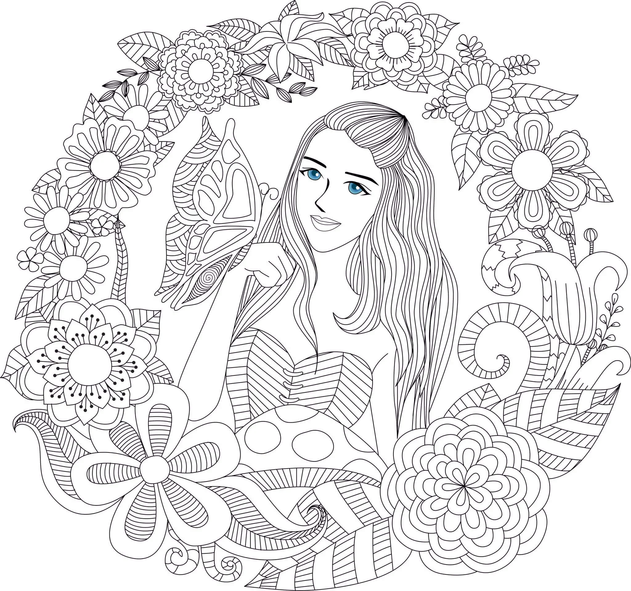 Mandala Fairy With Flowers And Butterfly Coloring Page Mandalas