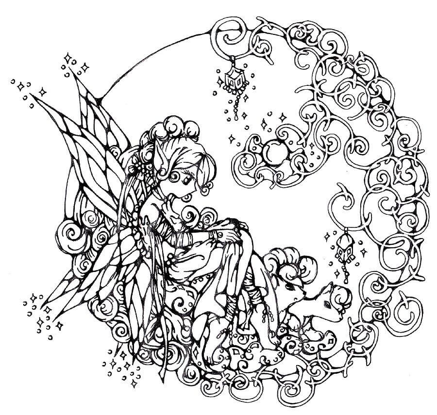 Mandala Fairy With Pets Coloring Page Mandalas