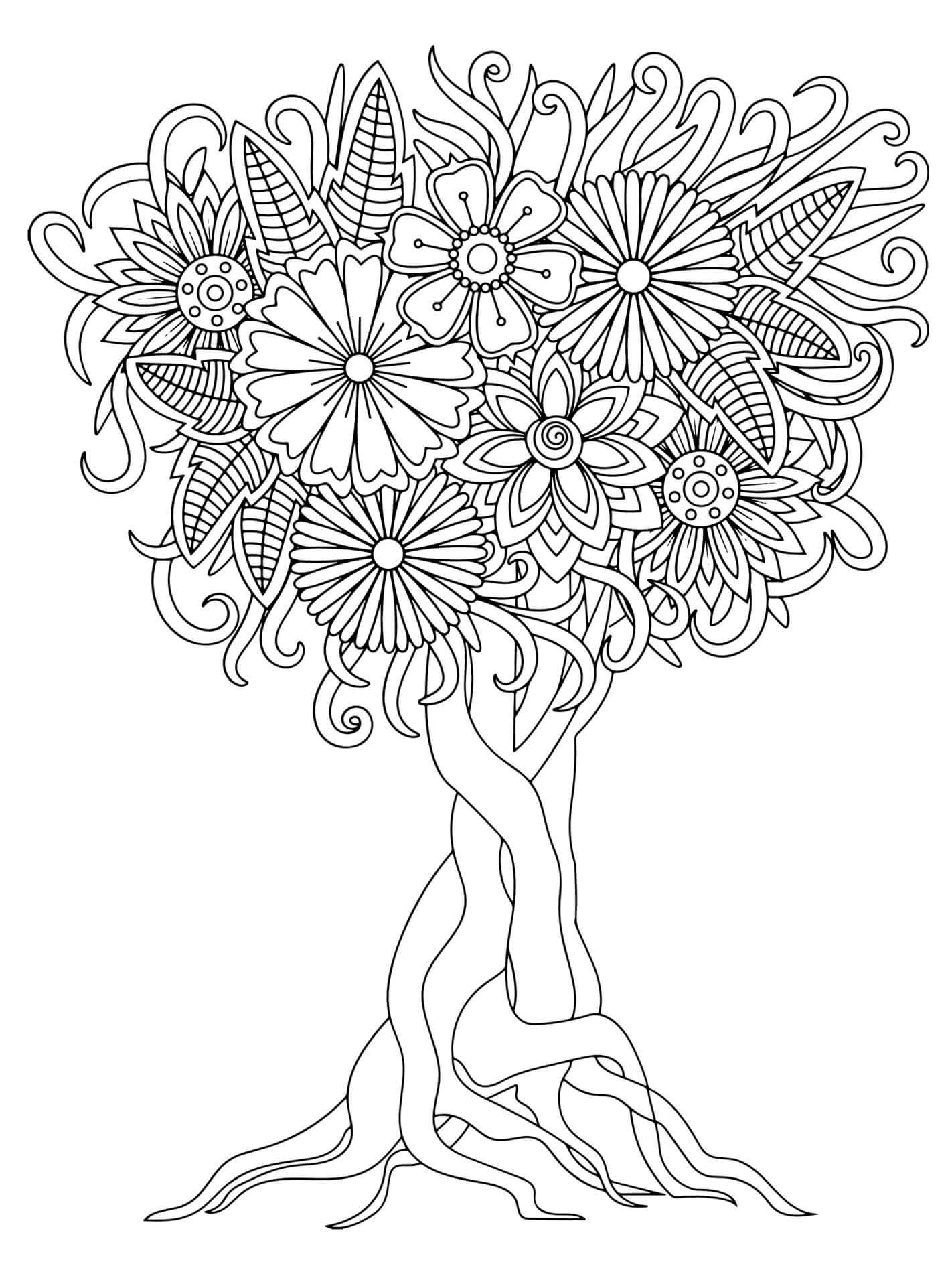 Mandala Tree With Flowers And Leaves Coloring Page Mandala