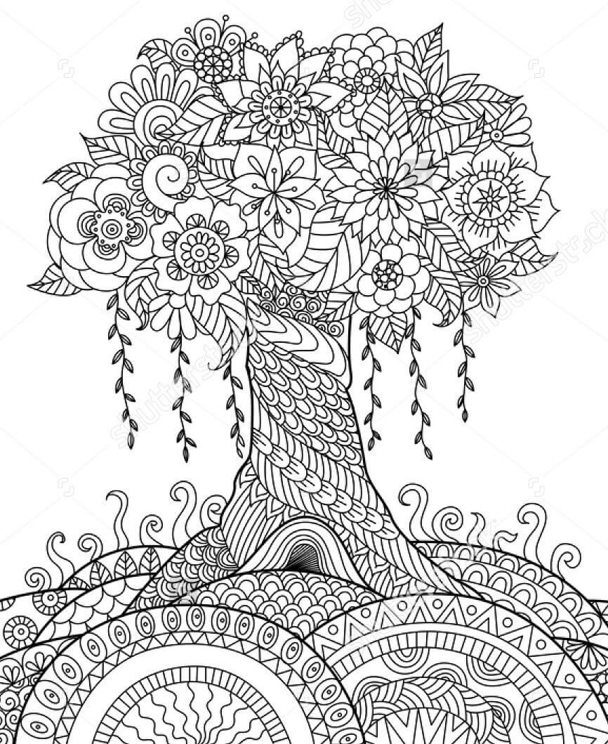 Mandala Tree With Flowers Coloring Page Mandala