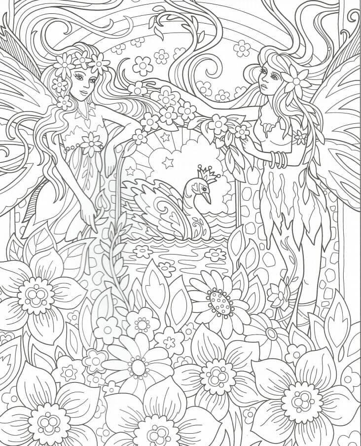 Mandala Two Fairies With Flowers Coloring Page Mandalas