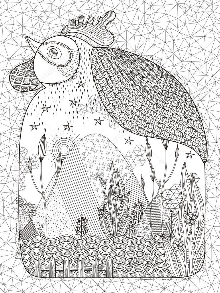 Mandala Rooster With Beautiful Background Coloring Page Mandalas