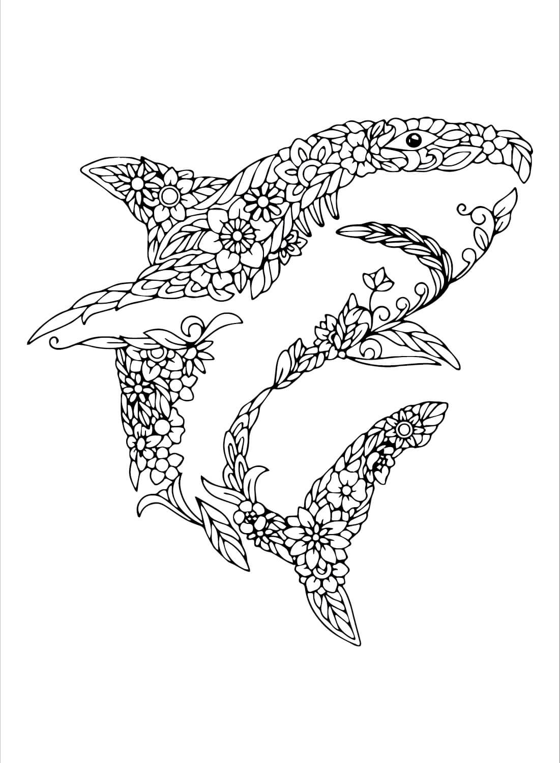 Mandala Shark With Flowers Coloring Page Mandalas