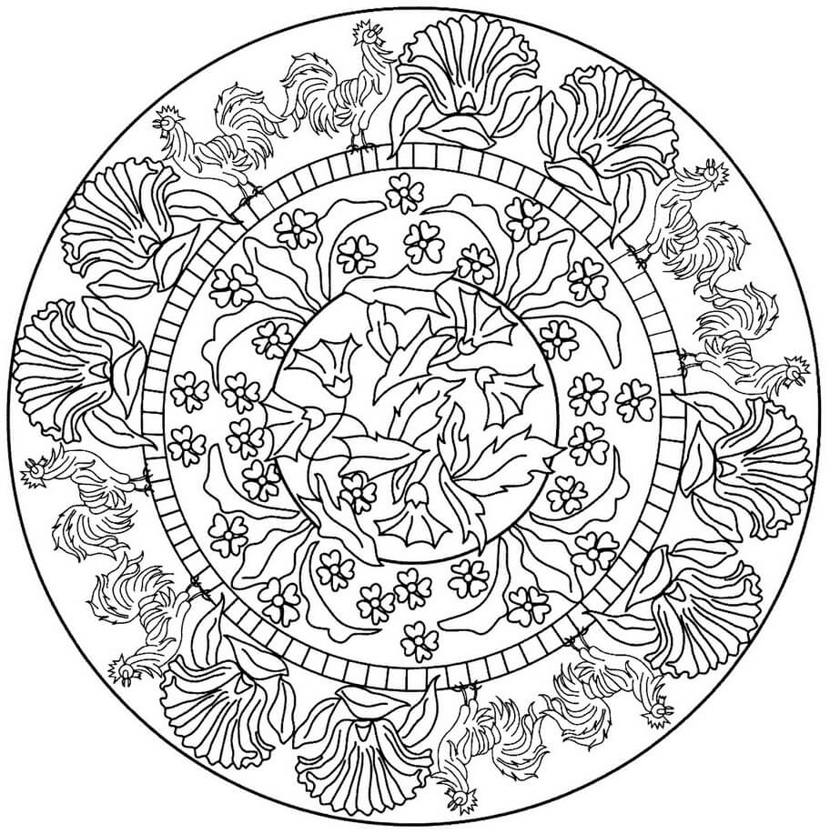 Mandala With Rooster Pattern Coloring Page Mandalas