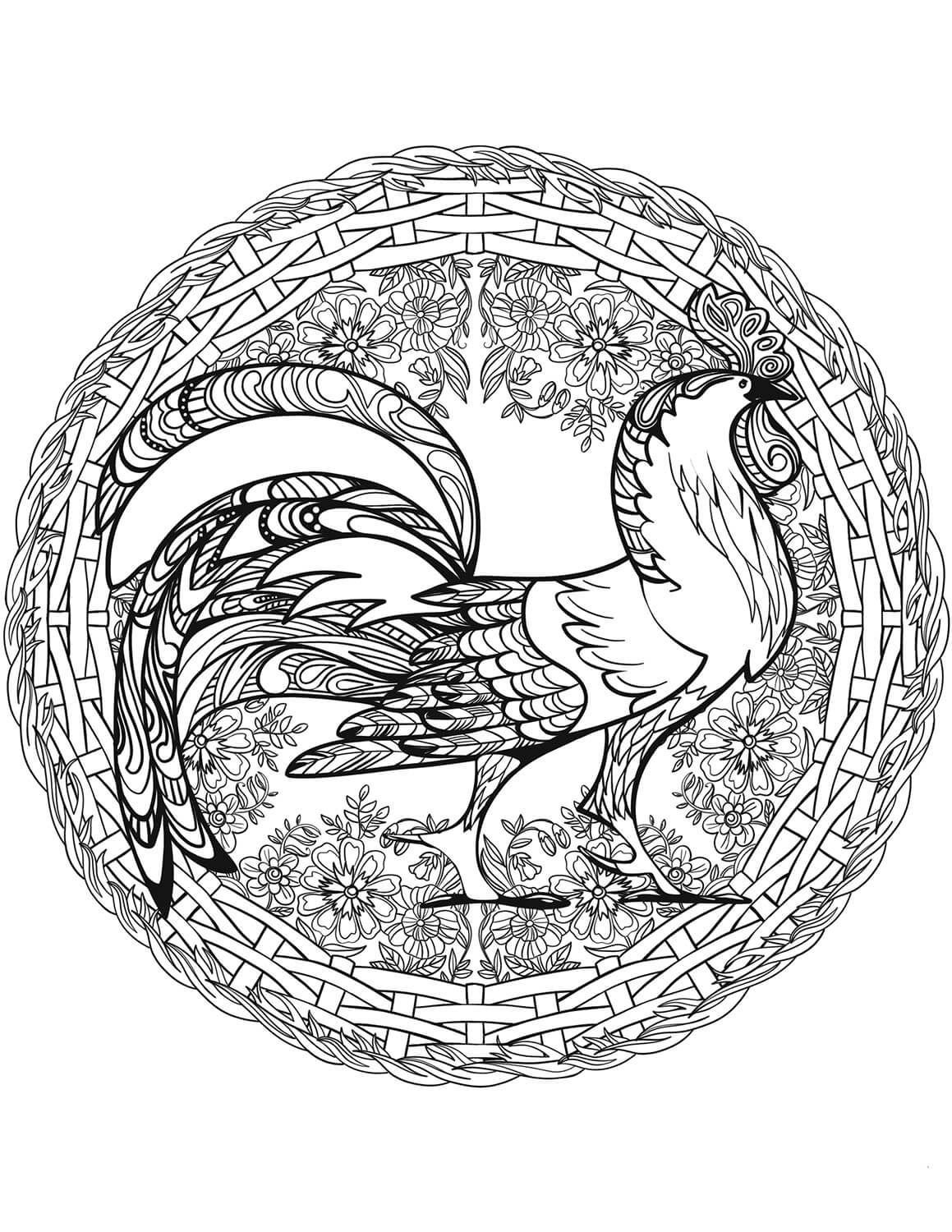 Mandala With a Royal Rooster Coloring Page Mandalas