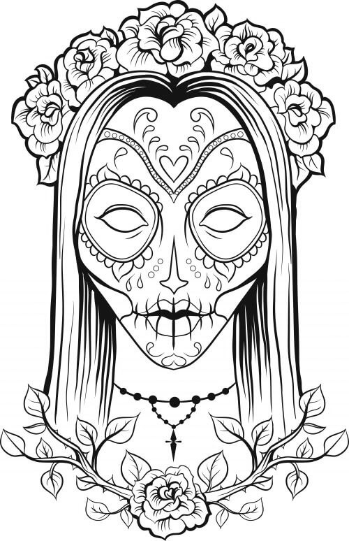 Mandala Girl Skull With Flowers Coloring Page - Sheet 1 Mandalas