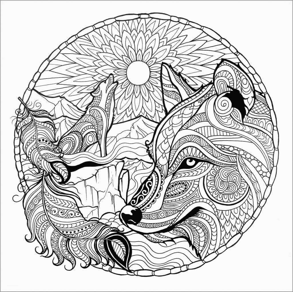 Mandala Howling Wolf at Moon Coloring Page Mandalas