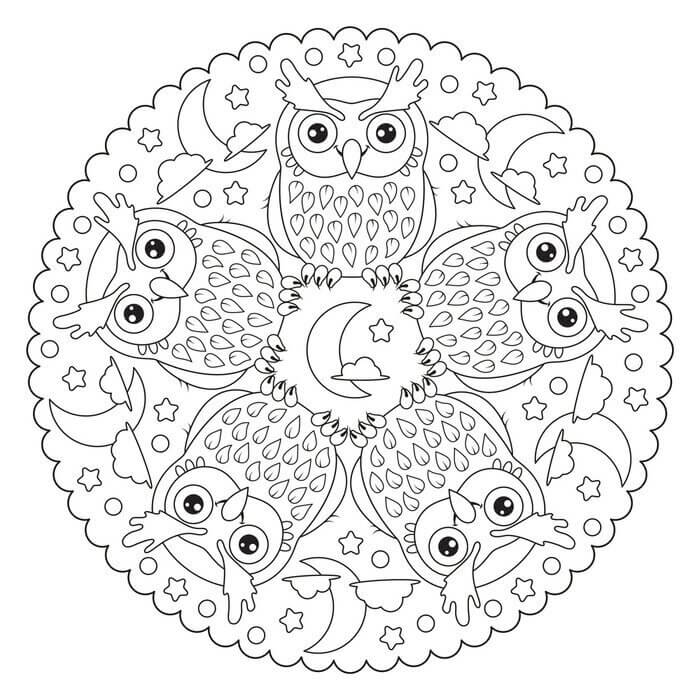 Mandala Owl, Moon, Stars, Clouds Coloring Page Mandalas