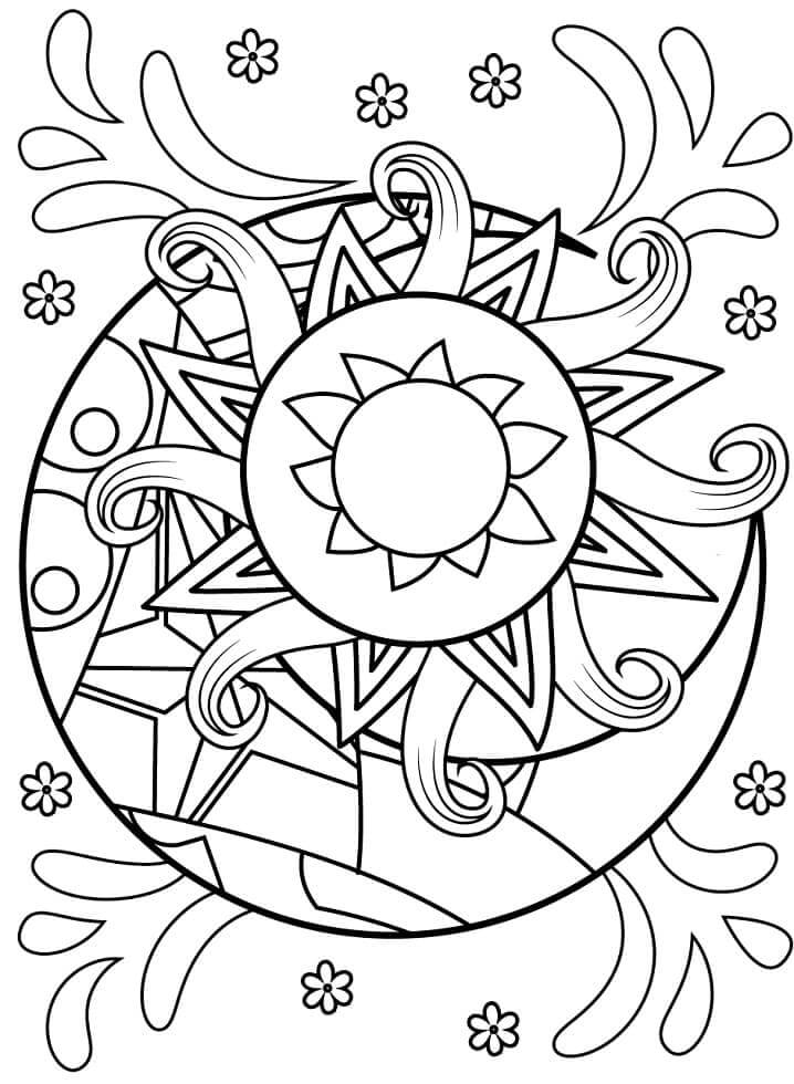 Mandala Sun And Moon With Flowers Coloring Page Mandalas